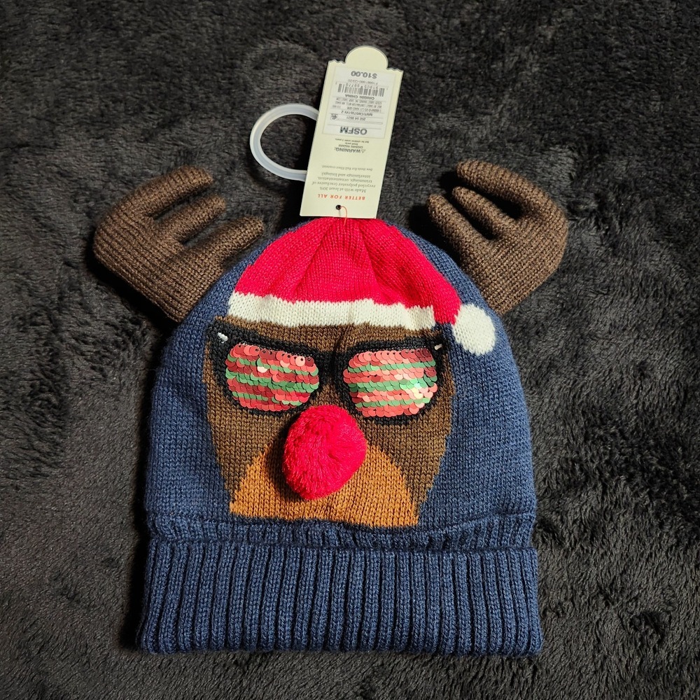 Cat & Jack Reindeer with sunglasses toboggan beanie hat for Christmas New